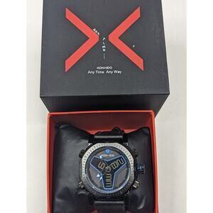 KONXIDO Mens Black and Blue Leather Band Analog Quartz Watch KX6341